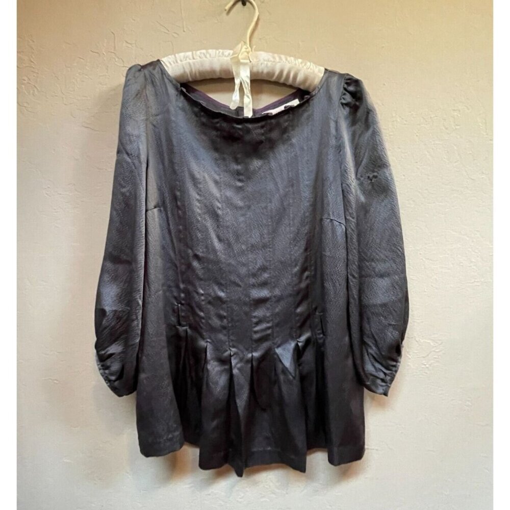 Charlotte Ronson Silk Puff Sleeve Blouse Button-Back Pleated Detail Black Small